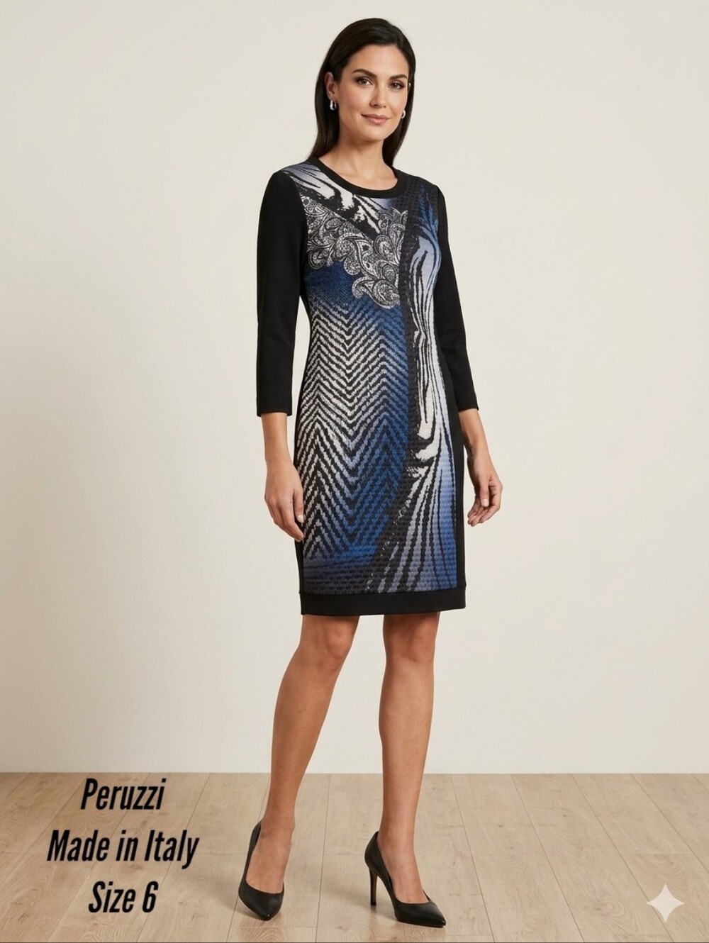 Peruzzi Italy Abstract Print Contrast Panel Dress – Blue & Black (Size 6) NWOT